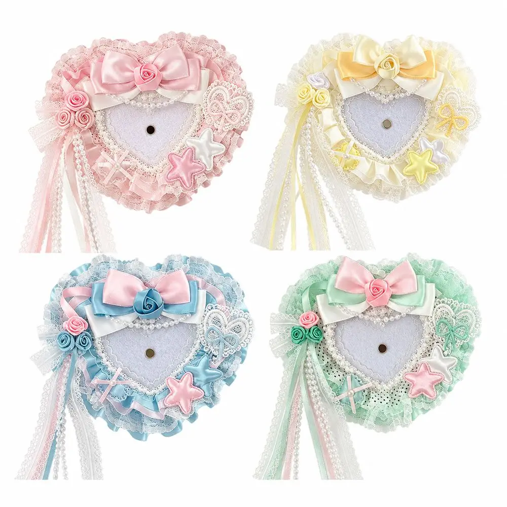 Fabric Heart Shaped Badge Holder Lace Trim Tassel Straps Handmade Lace Bow Rose Card Holder Decorative Bow Rose Detail