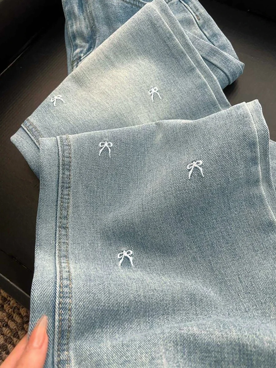 Bow Embroidered Women's Jeans Light Blue High Waist Loose Wide Leg Pants Autumn New Versatile Denim Trousers Oversized S-3XL