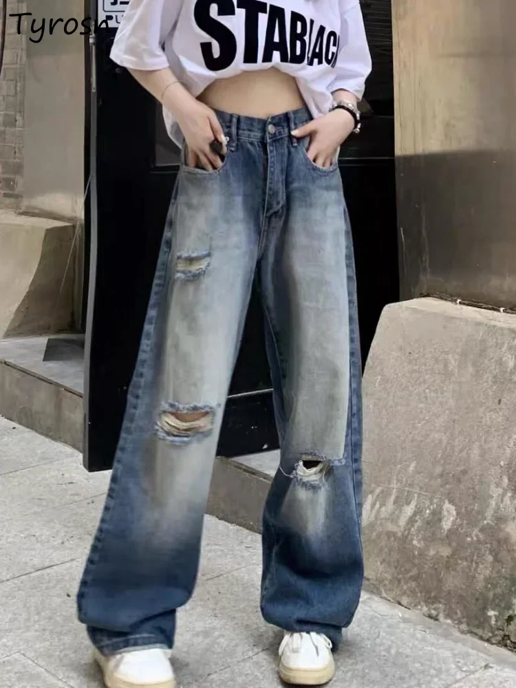 

Jeans Women Hole Fashion Simple Vintage High Waist All-match Summer Straight Leisure Design Elegant Loose Ladies Korean Style