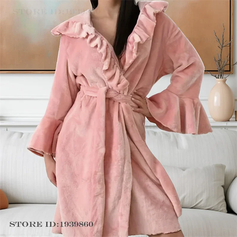 Winter Thicken Flannel Women's Robe Kimono Bathrobe Gown Sweet Pink Ruffle Hooded Bathrobe Gown Loose Home Clothes Loungewear