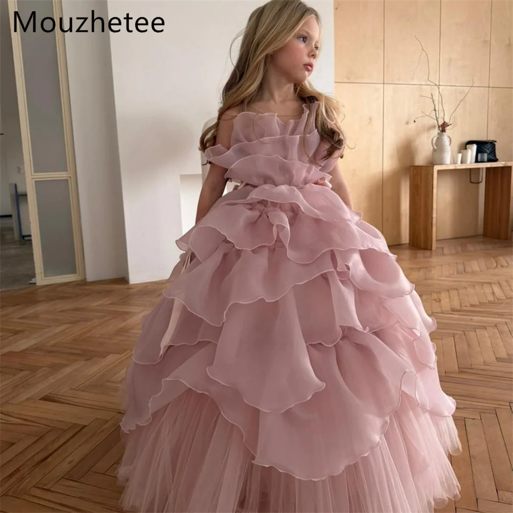 Mouzhetee A-Line Ruffle Pink Tulle Flower Birthday Dresses Wedding Party Dress for Kids Flowers Girls Prom Gowns Customized 2026