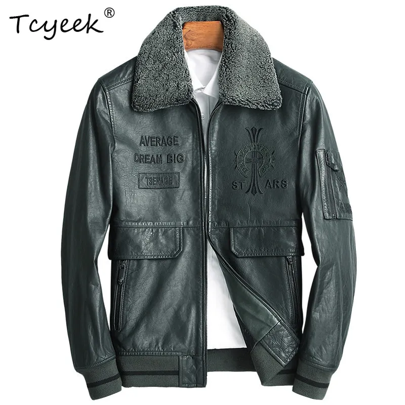 Tcyeek Real Leather Jacket Men Lamb Wool Collar Detachable Sheepskin Cotton Coat Winter Clothes Trendy Embroidery Slim Fit