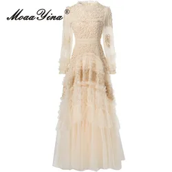 MoaaYina Summer High Quality New Arrivals Women Dress Vintage Solid Color Embroidery Net Yarn Cascading Ruffle Flutter Dresses