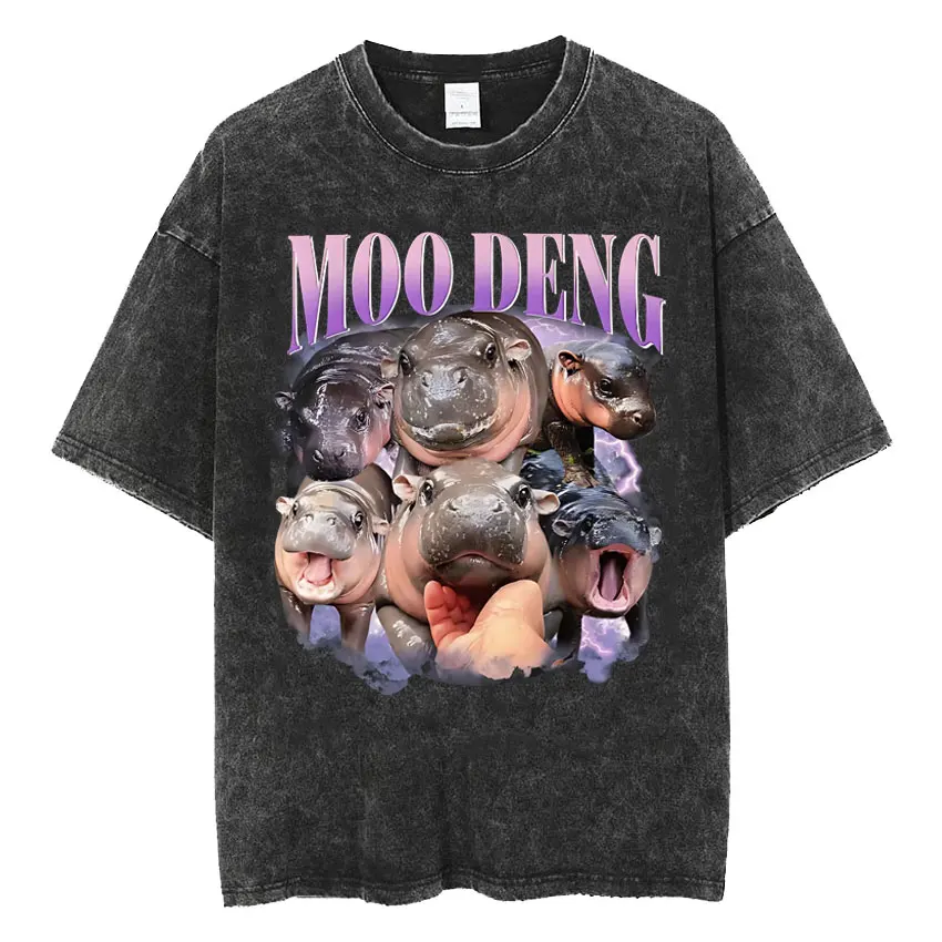 Funny Moo-Deng Cute Baby Hippo Vintage Washed T-shirts Men Women Fashion Kawaii Short Sleeve Oversized T Shirt High Quality Tees