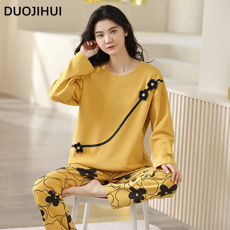 DUOJIHUI Two Piece New Classic Floral Print Women's Pajamas Set Autumn Basic Pullover Simple Pant Loose Fashion Female Sleepwear