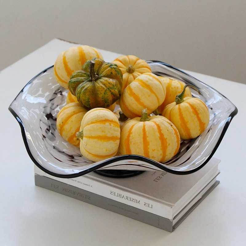 Glass Tray Wavy-edge Polka-dot Fruit Plate Snack Bowl Desktop Storage Container Black and White Glass Tray Jewelry Dish