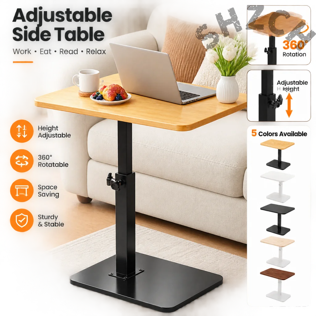 Portable Height Adjustable Sofa Side Table C Shape Design Portable Coffee Table with Cork Finish for Bedside Living Room Office