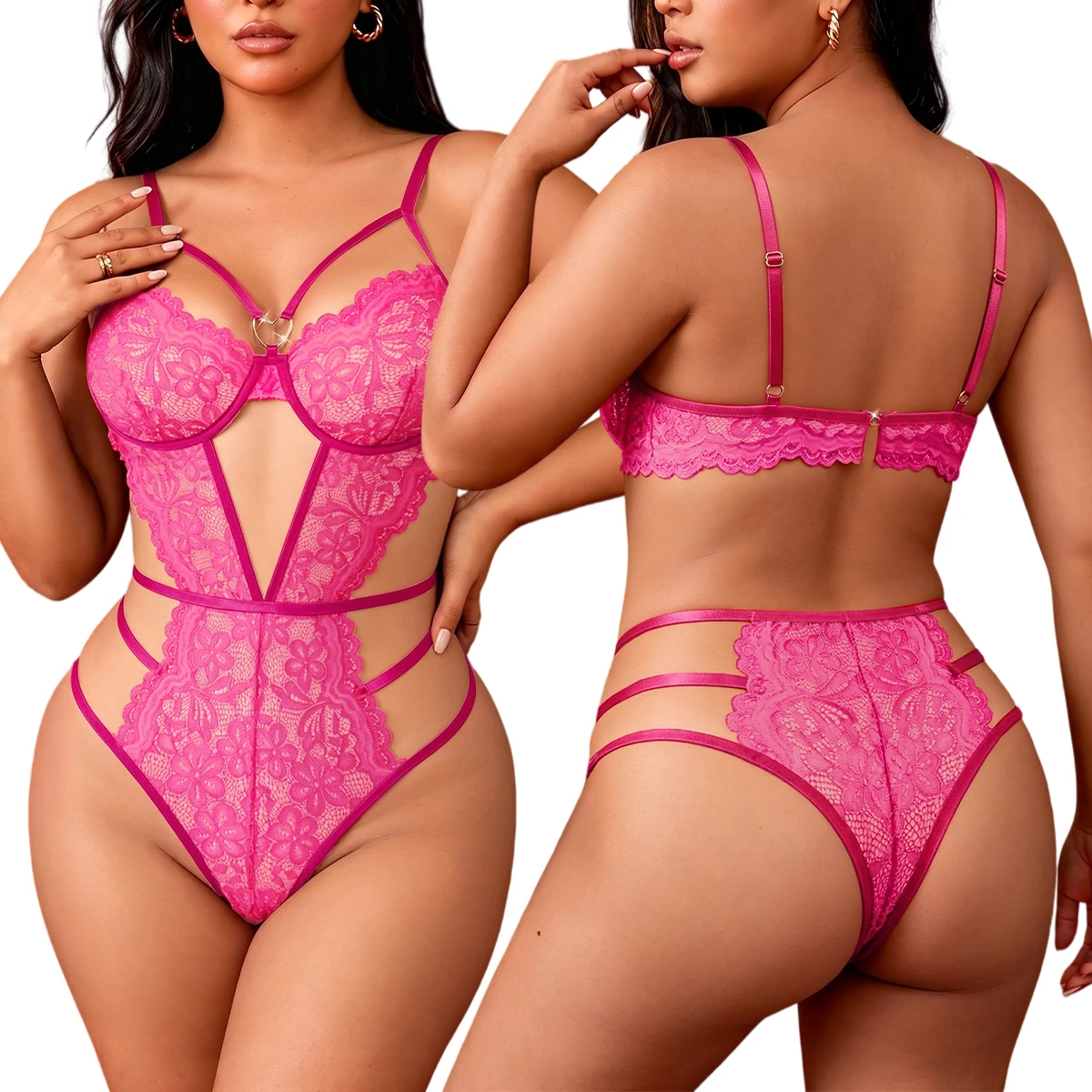 Plus Size Crotchless Lace Teddy for Women, Sexy Push Up Bodysuit Lingerie, Hollow Out High Cut Sleepwear