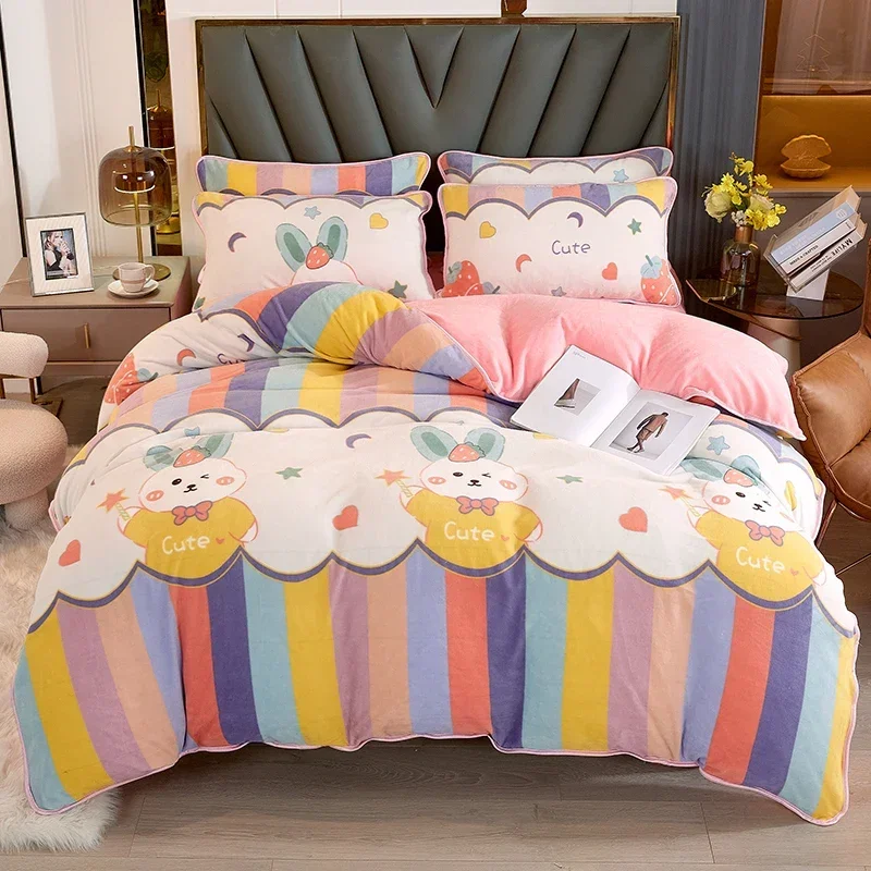 Print Flowers Winter Flannel Quilt Cover Soft Warm Thick Milk Fleece Comforter Cover Thickening Warm Duvet Bedding Cover