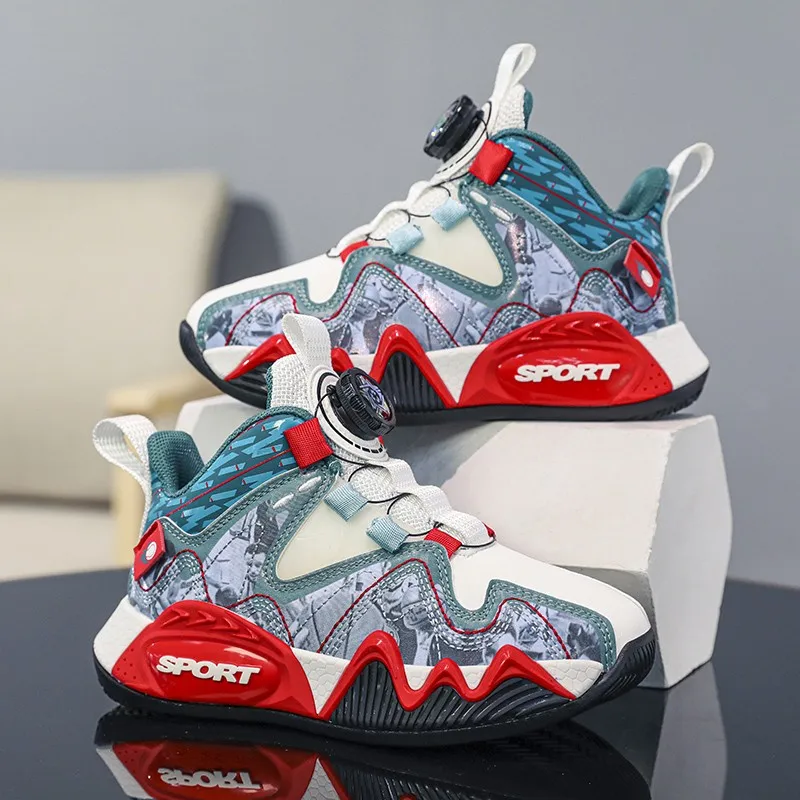

New Kids Basketball Shoes Boys Sneakers Rotating Buckle Non-slip Children's Training Athletic Shoes Outdoor Running Shoes