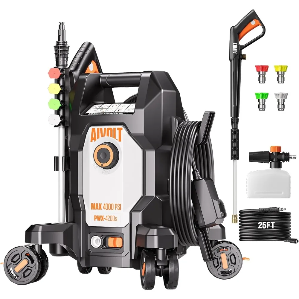 

Electric Pressure Washer, Anti-Tipping Power Washer Surge Pressure 5000PSI with 36FT Cable & 25FT Hose, 4 Nozzles, Soap Tank, H