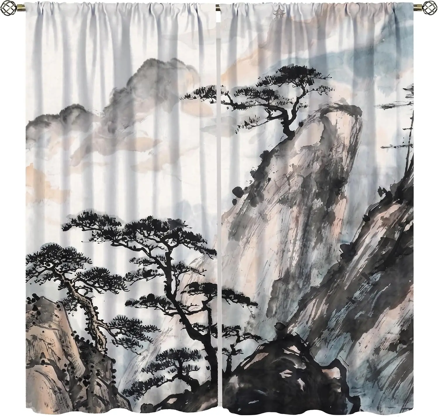 Vintage Chinese Landscape Curtain Polyester Drapes Ink Wash Mountain Bamboo Art Oriental Window Treatment Zen Aesthetic Decor