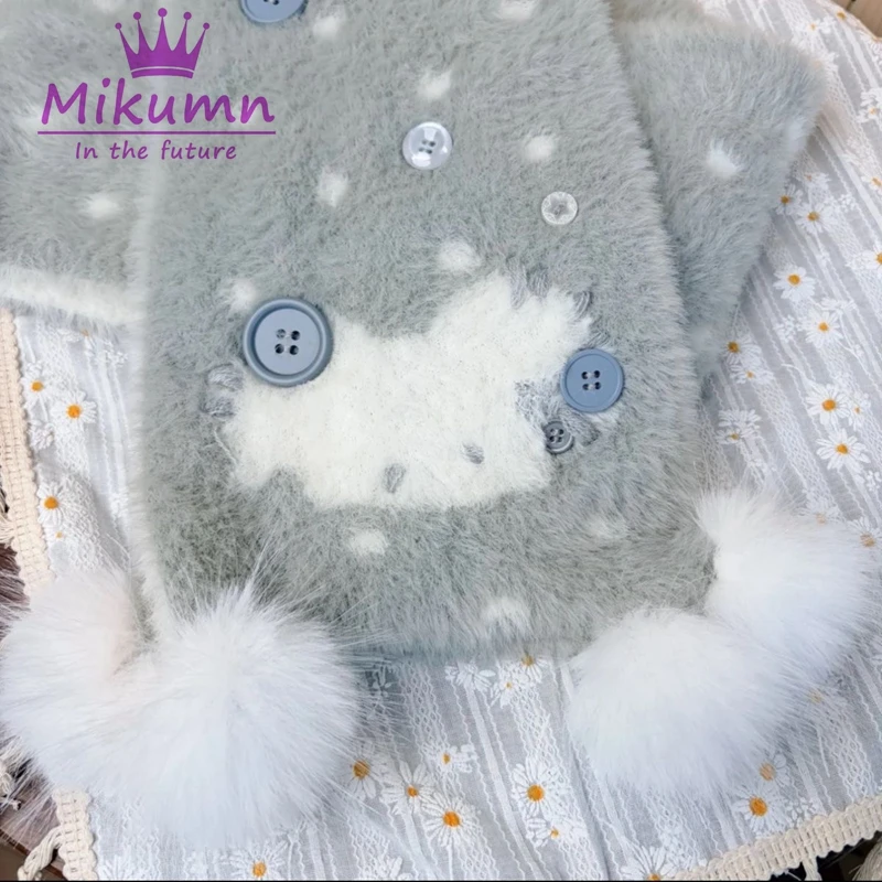 Mikumn harajuku bonito dos desenhos animados gato cachecol de pelúcia japonês y2k feminino meninas inverno quente dupla face malha longo cachecol streetwear