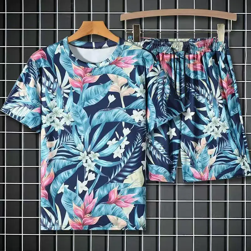 

Мужской спортивный костюм с гавайским растительным цветочным 3D принтом, уличный пляжный костюм, футболка с короткими рукавами, шорты, комплекты спортивной одежды, мужская одежда