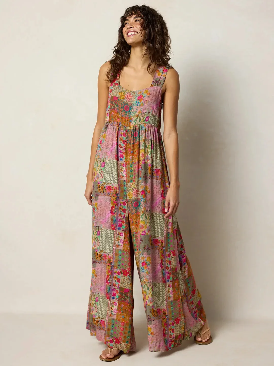 

Plus Size Women Boho Floral Patchwork Jumpsuit 2026 Summer Sleeveless Wide Leg Elastic Waist Casual Beach Vacation Overalls