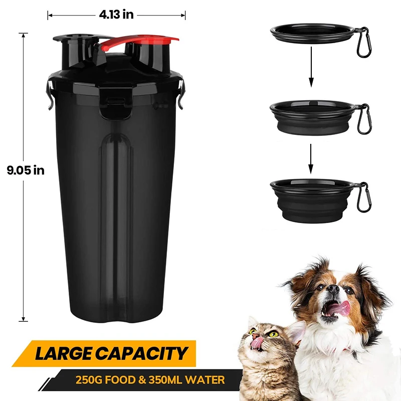 2 IN 1 Dog Cat Travel Water Bottle Food Container with Folding Silicone Bowl Outdoor Double Used Pet Water Bottle Feeding Bowls