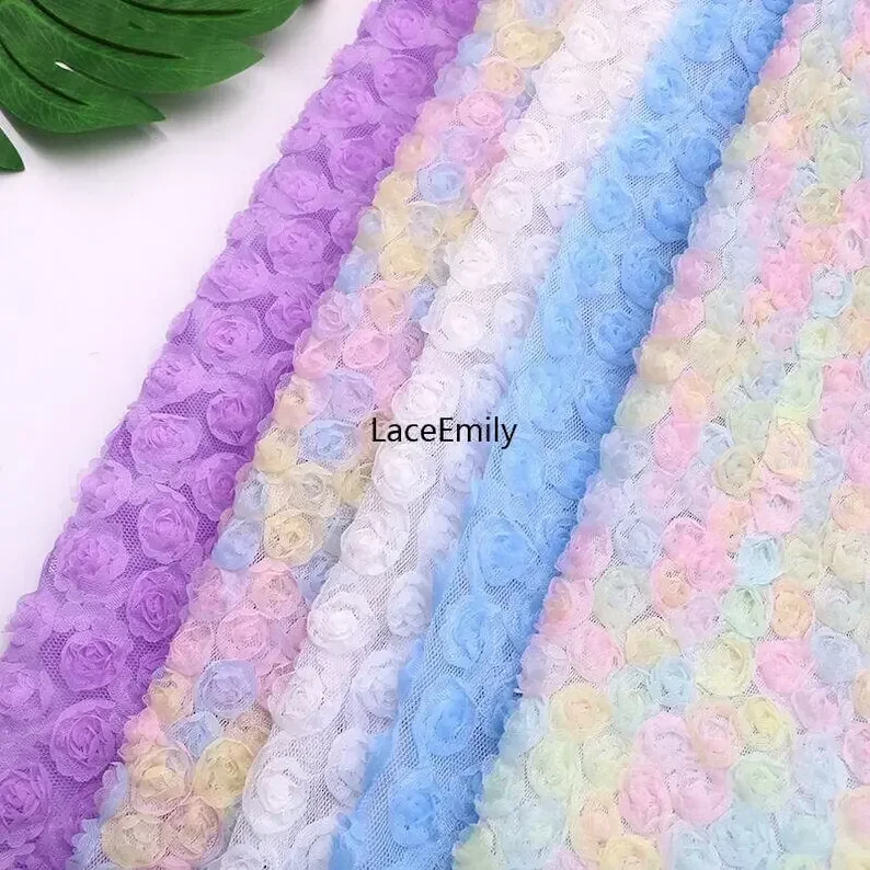 

8 цветов, 3D кружевная ткань с цветком розы, шифоновая ткань с вышивкой розы для выпускных платьев, платья принцессы, свадебного платья 1 ярда