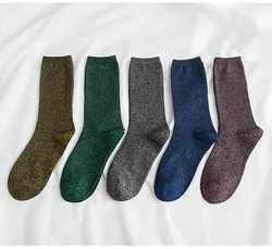 Fashion Shiny Glitter Striped Women Socks Trendy Rocks Roll Sparkled Bright Color Cute Kawaii Winter Warm Funny Socks Streetwear