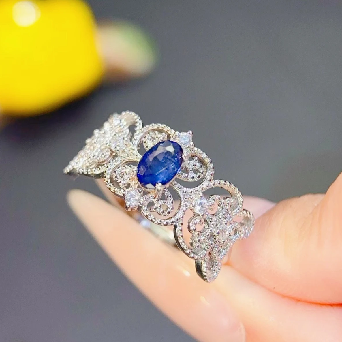 Womens 925 Silver Natural Sapphire Ring, Blue Gemstone Hollow Flower Design Ring, Fine Jewelry with Certificate for Daily Wear