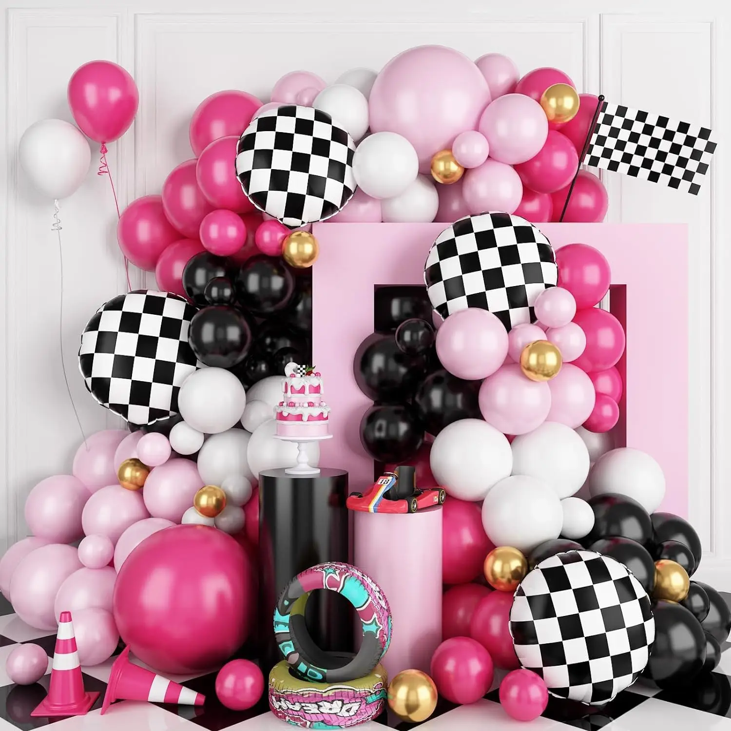 118-teiliges Set, pinkfarbener Auto-Ballonbogen-Girlanden-Kit, Rennwagen-Ballon für Babyparty, Auto-Themen-Geburtstagsfeier-Dekorationen