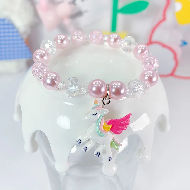 1 Uds. Pulsera única de moda con cuentas de cristal y perlas de imitación, pulseras de cristal de amistad para niñas, joyería de mano de unicornio de dibujos animados