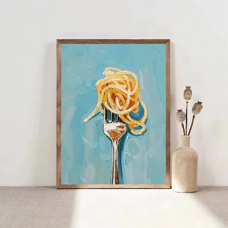 1pc frameless Canvas Painting Italian-style elegant dessert coffee canvas painting art, strawberry cake oyster spaghetti print,