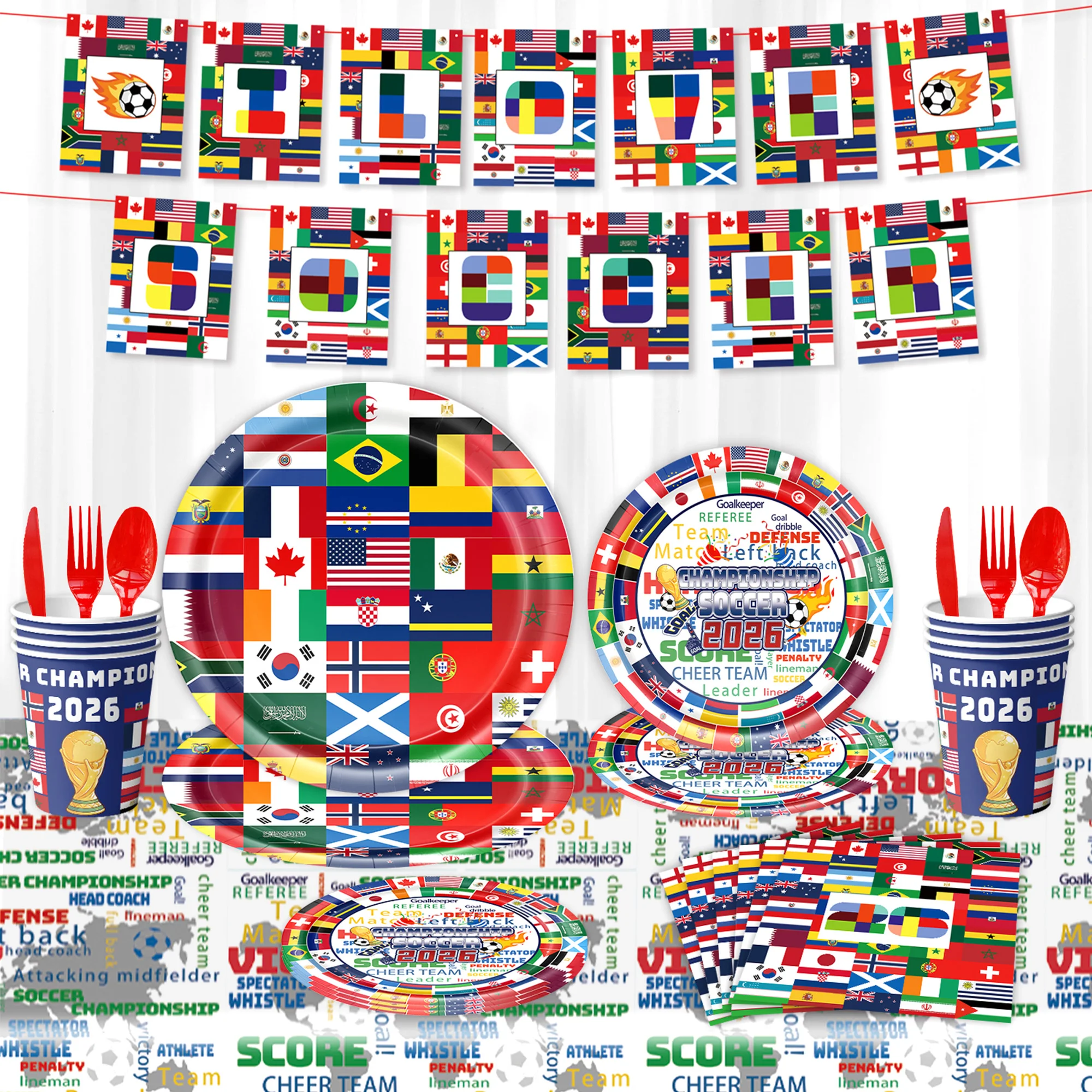 Internationale Weltflaggen Einweg-Tischware 2026 Fußball-Meisterschaftsthema Geburtstagsdekoration Fußball-Party-Zubehör Jungen Sportgeschenk
