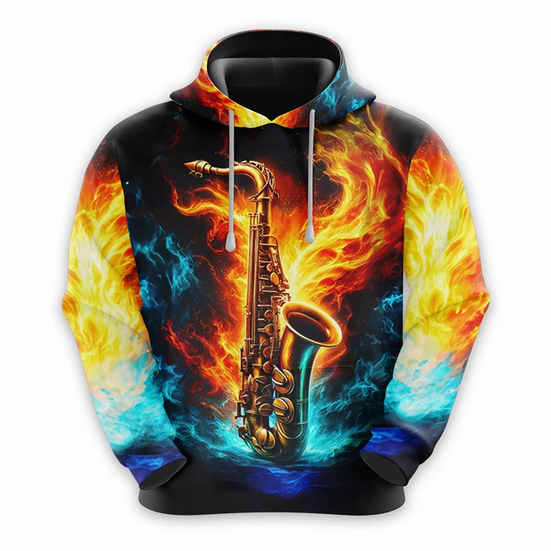 Fashion Saxophone Graphic Hoodies For Men Jazz 3D Musical Notes Printed Hooded Sweatshirt Casual Oversized Women Pullovers