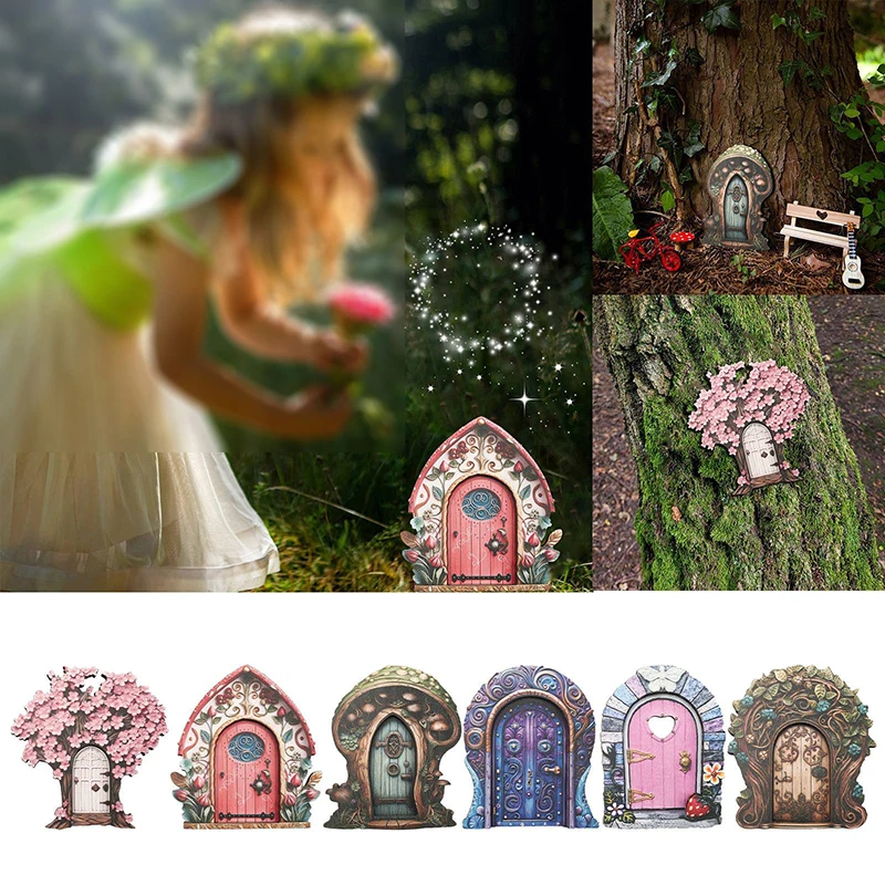 Wooden Garden Elf Door Ornament Fairytale House Garden Home Living Room Desktop Miniature Landscape Decoration Ornament