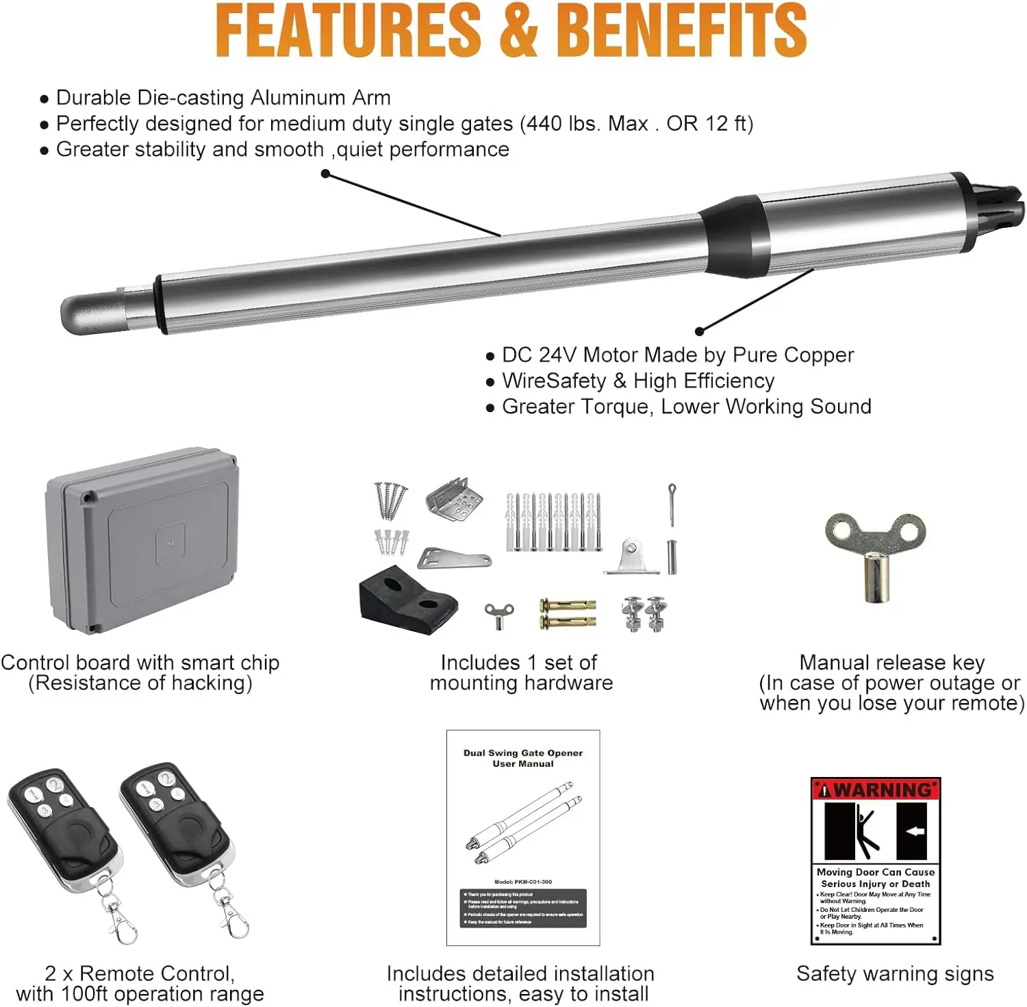 Abridor de portão automático C01 com kit completo remoto para portão giratório único de até 440 lb 16 pés, abridor de portão elétrico médio · Venda quente