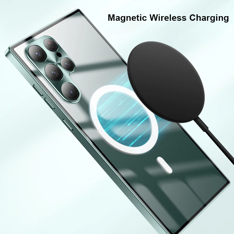 Magnetic Wireless Charging Case For Samsung Galaxy S22 Ultra S23 S24 Plus 1 S20 FE Metal Bumper Aluminum Transparent Phone Cover