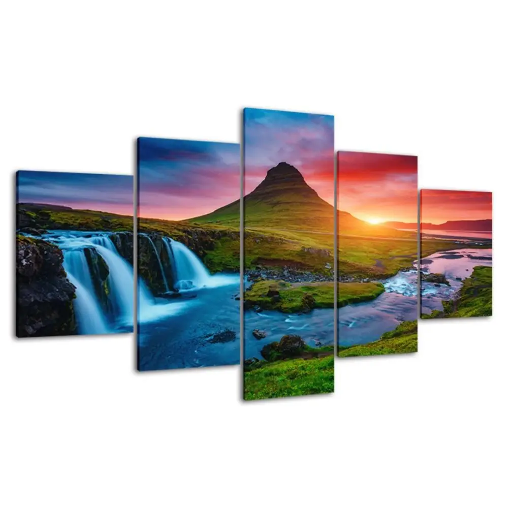 مجموعة فنية جدارية من القماش مكونة من 5 قطع، مشهد غروب الشمس المهيب، طراز آرت ديكو الكلاسيكي، ملصق رسم بالحبر بدون إطار، داخلي/خارجي #5