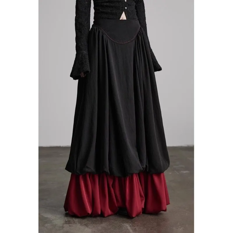 Vintage Gothic Punk Y2K Lolita Black A-Line Maxi Skirt Spring Autumn High Waist Ruffle Hem Fake Two-Piece Long Skirts for Women