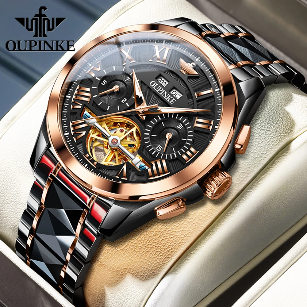 

OUPINKE Men's Luxury Tourbillon Original Automatic Mechanical Wristwatch for Man Waterproof Tungsten Steel Luminous Calendar New