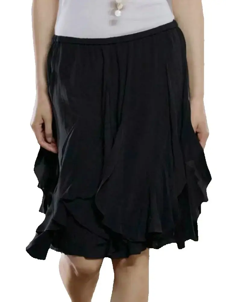

2025 Chic Women's Casual High Quality Knee-length Black Layered Skirts Lady Elegant A-line Tierred Ruffles Elastic Midi Skirt