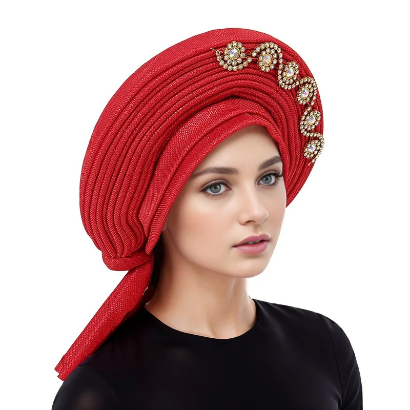 

African Women Auto Gele Headtie Nigeria Wegding Geles Party Headpiece Head Wraps Female Turban Cap Muslim Hijab Diamonds Bonnet