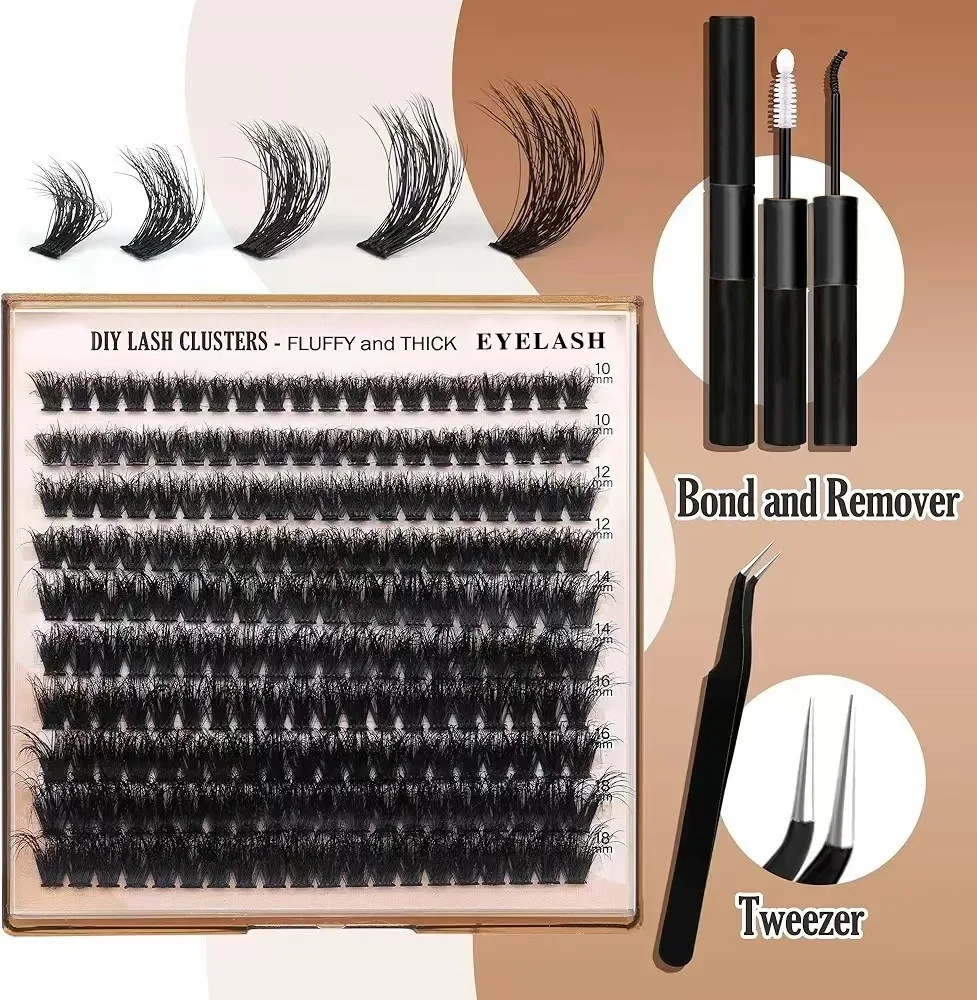 Natural Style Handmade 100P 3D Fluffy Clusters Lashes 10-18mm Length Mixed D Curl Easy Apply DIY Lashes Extension Makeup Tools
