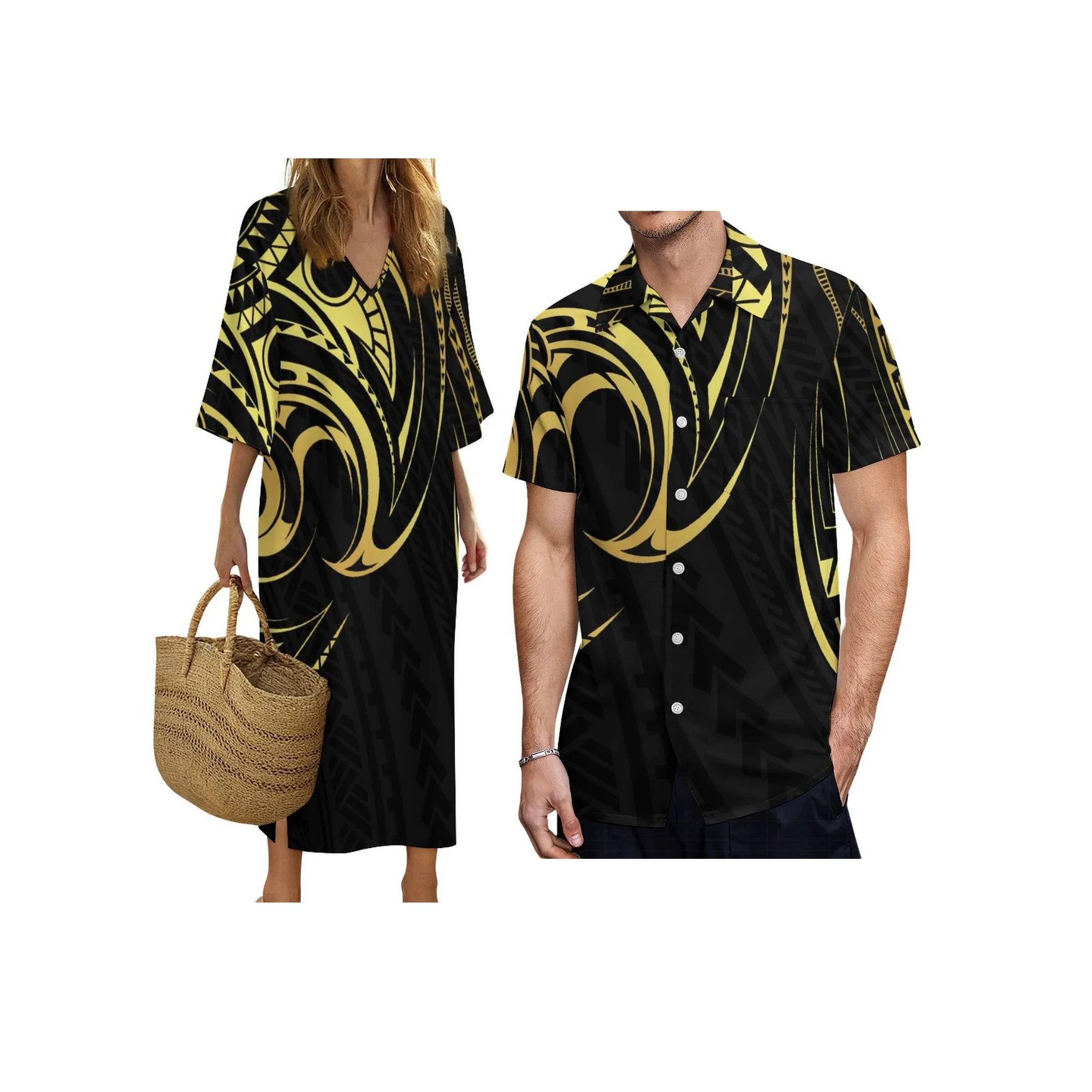 新しいカスタムメイドのハワイアンスタイルデザインファッションカップル服アロハメンズルーズシャツとディープVネック半袖レディースドレスのセット