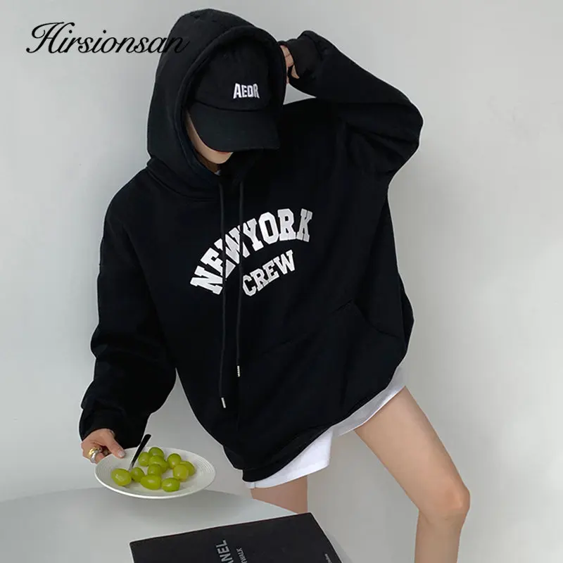 Hirsionsan Chic Fleece Warm Hoodies Women Letter Print Sweatshirt Pocket Streetwear Long Sleeve Pullover Oversized Sportwear