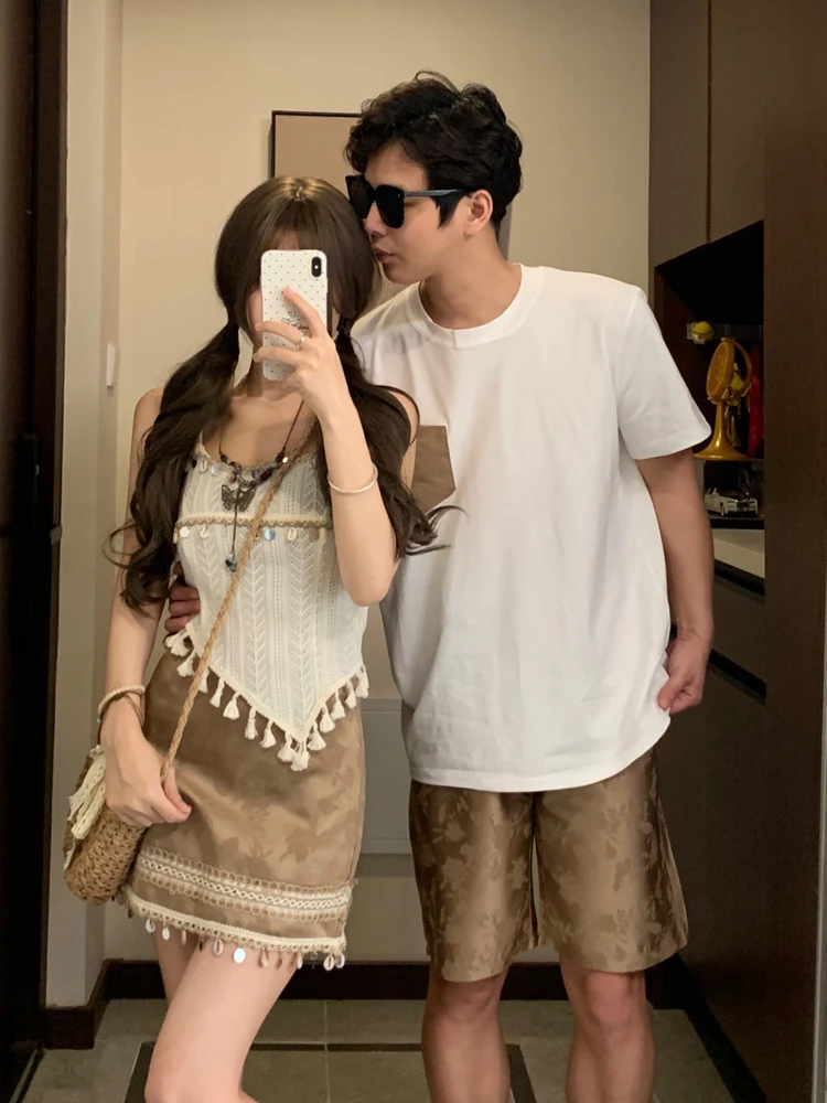 Bohemian Vacation Style Half Skirt Set Couple's Fashion Summer High-End Sensation One Skirt One Shirt Trendy Design Unique