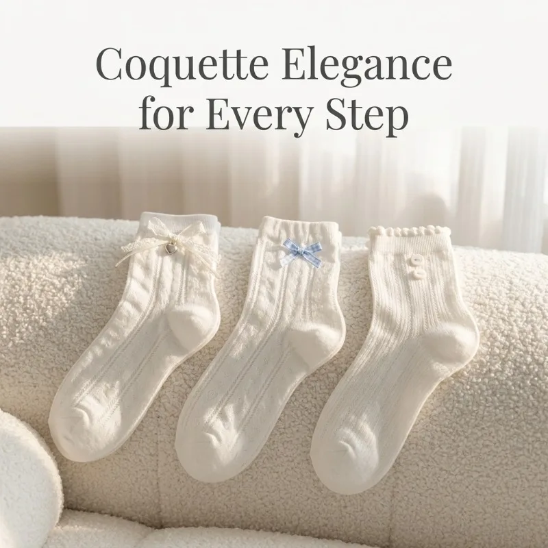 Women's Coquette Style Bow Button Crew Socks,Soft Cotton Knit Socks,Sweet Lace Trim Casual Socks for Daily Lolita Wear