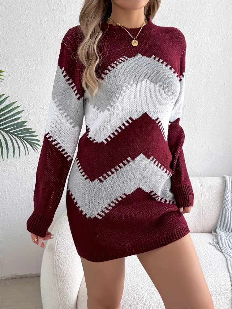 

Knitted Dress Long Sleeves Vestidos Dresses 2025 Woman Contrast Simple Style All-match Casual Simple Style All-match Commuting