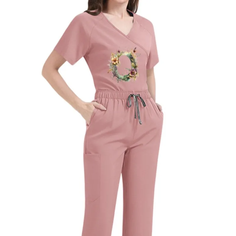 

Women's Solid Color Custom Print Scrubs Tie-Back Short Sleeve Pants Thin Quick-Dry Beauty Salon Maternity Center Nurse Uniform
