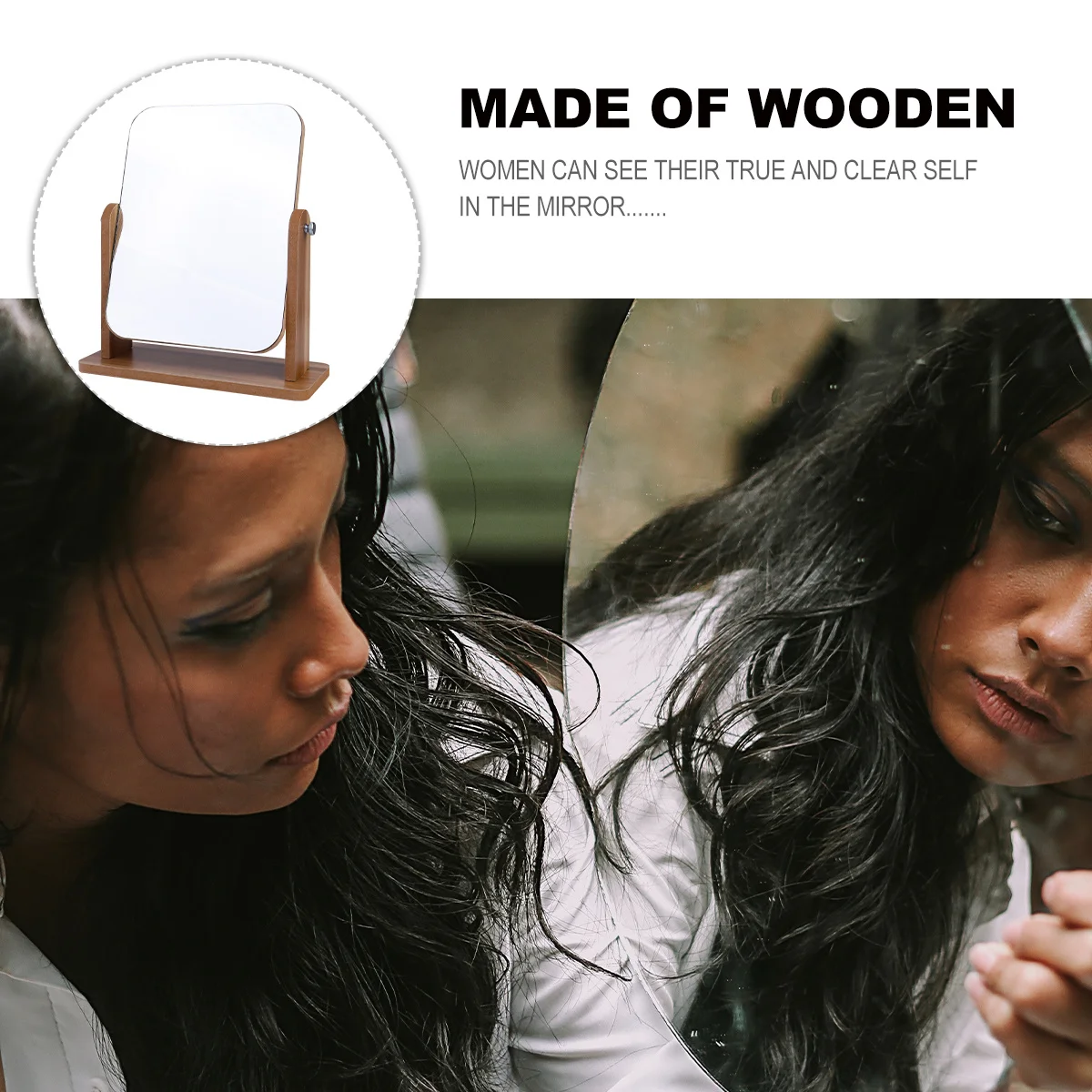 กระจกแต่งหน้าทรงสี่เหลี่ยมหรูหรา กรอบไม้ กระจกตั้งโต๊ะสำหรับผู้หญิง ภาพสะท้อนคมชัด พร้อมที่จัดระเบียบ ของตกแต่งบ้าน