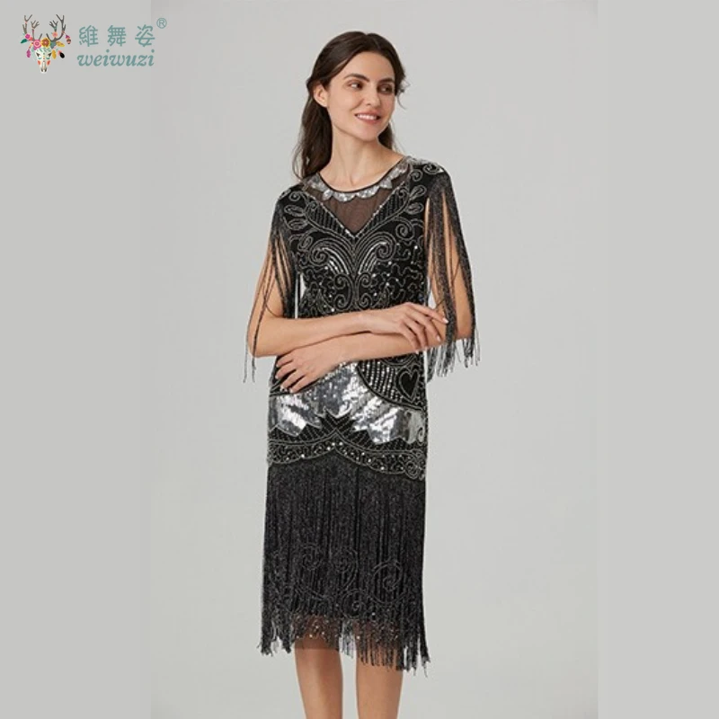 فساتين سهرة أنيقة على الطراز العتيق مطرزة بالترتر والخرز وشرابة بدون أكمام وخصر نحيف