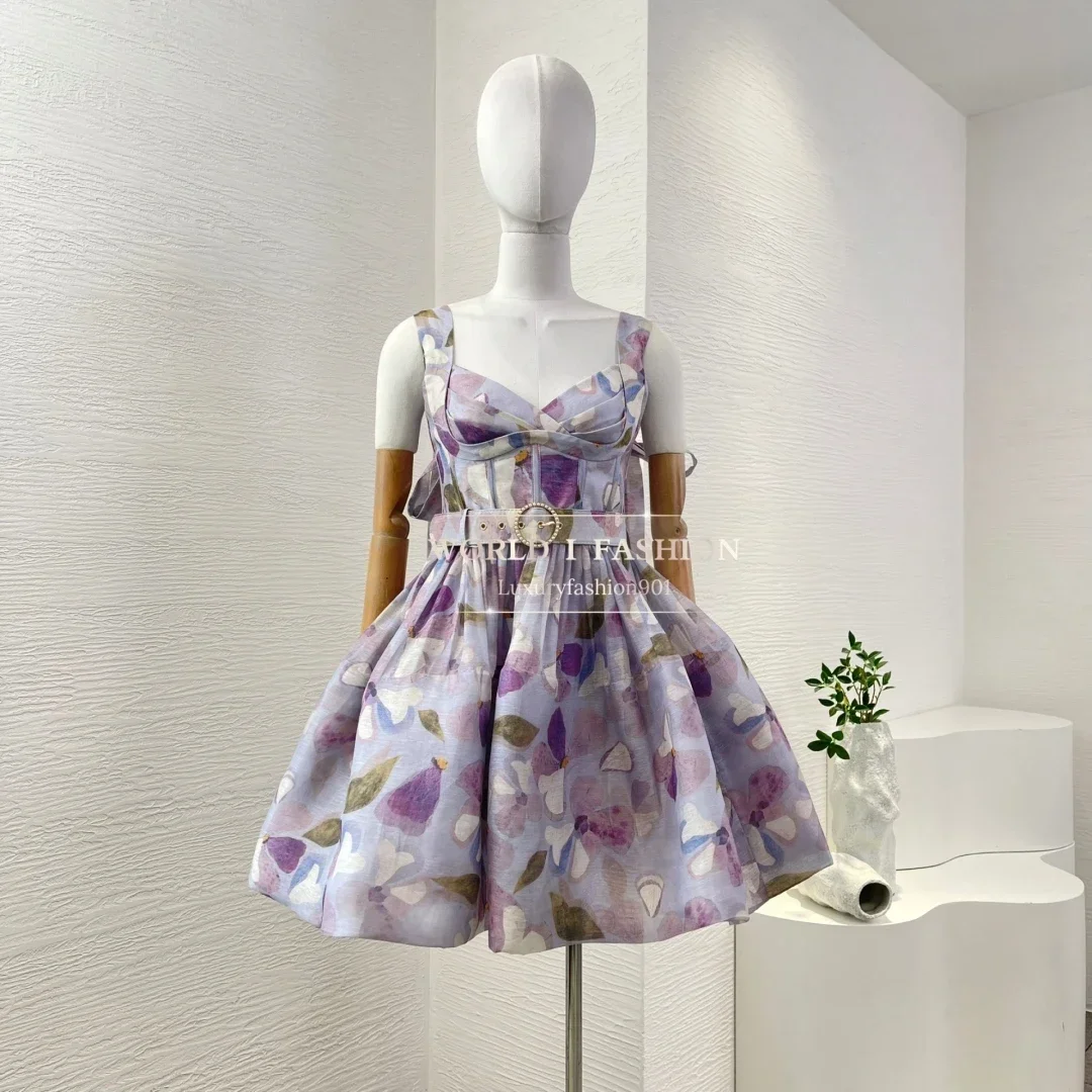 

2025 New Fashion Violet Purple Lilac Flower Print Sleeveless Backless Mini Dress