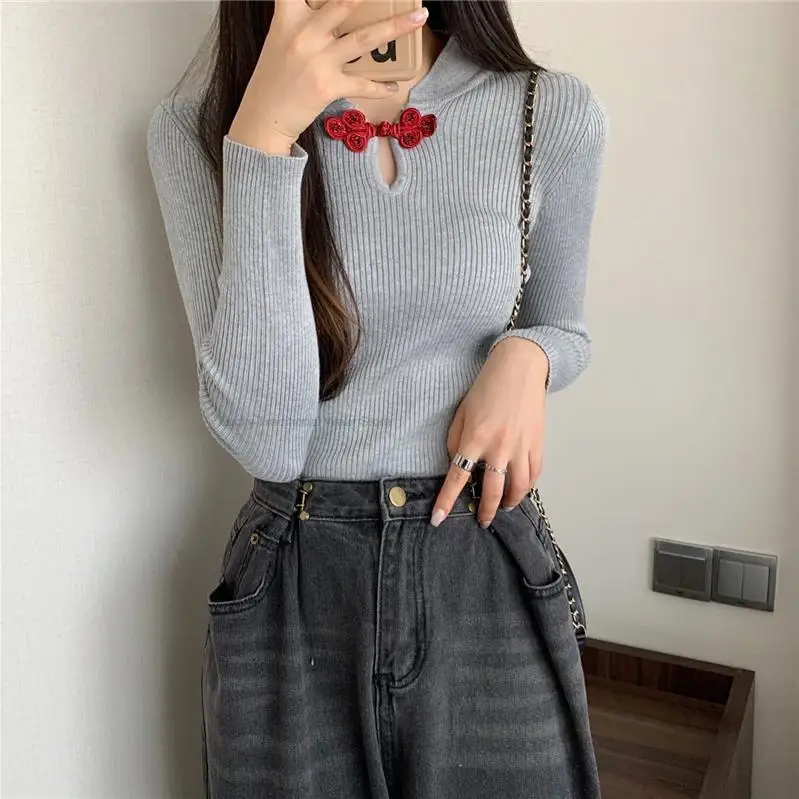 Chinese Style Lady Standing Collar long-sleeved Sweater Spring New Vintage Bottom Shirt Slim Women Improved Cheongsam Top