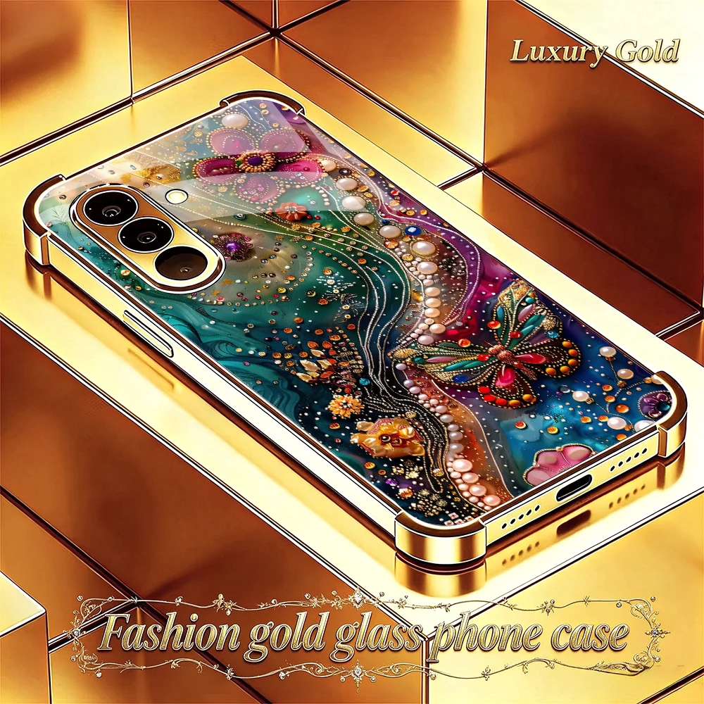 Butterfly Pearl Flower Tempering Glass phone case s26 ultra case s25 ultra for Samsung Galaxy s26/s25/s24/s23/s22 Ultra FE Plus