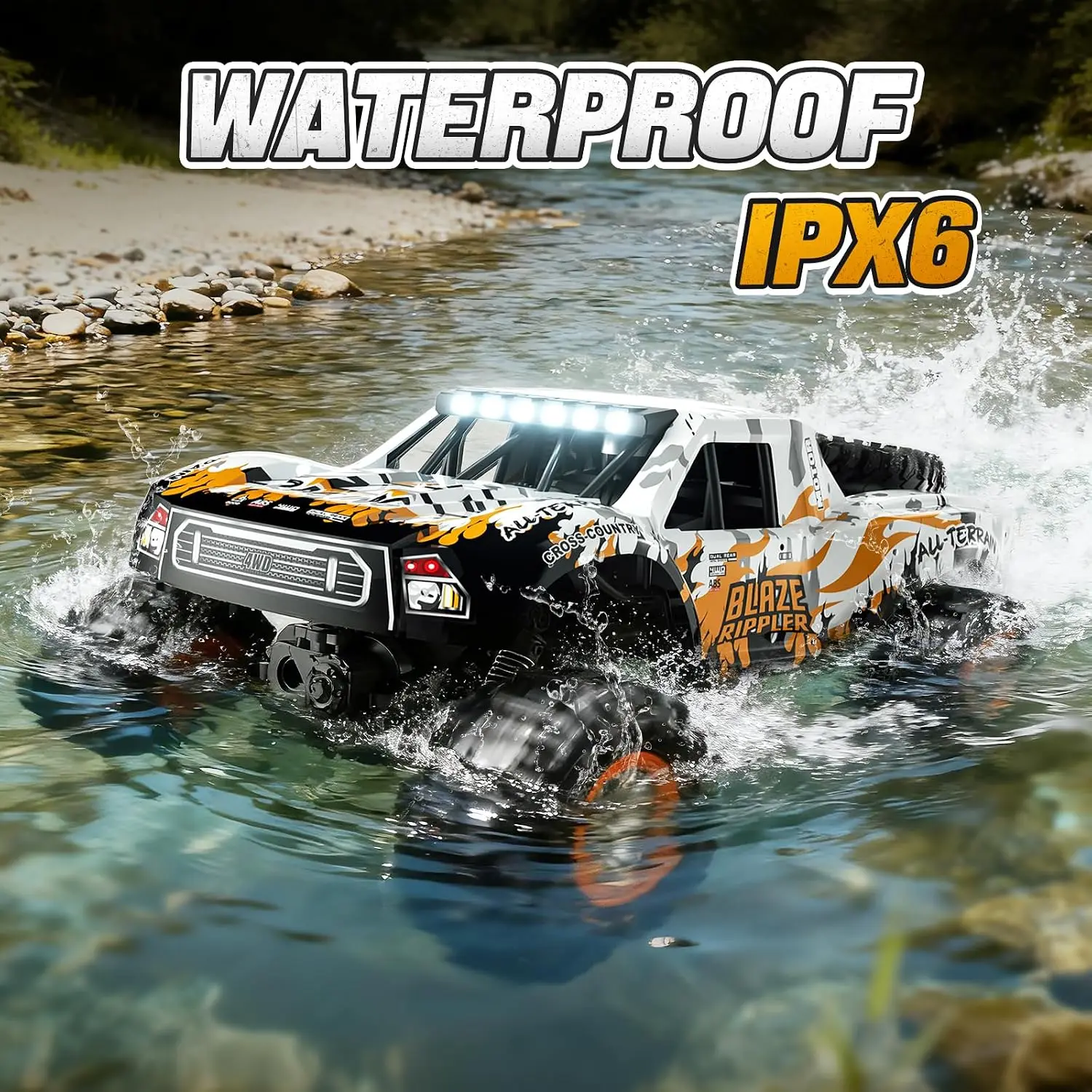 1:10 Amphibious Remote Control Car, 2.4 GHz Waterproof Monster Truck, 4WD All Terrain Pickup RC Truck with 2 Batteries