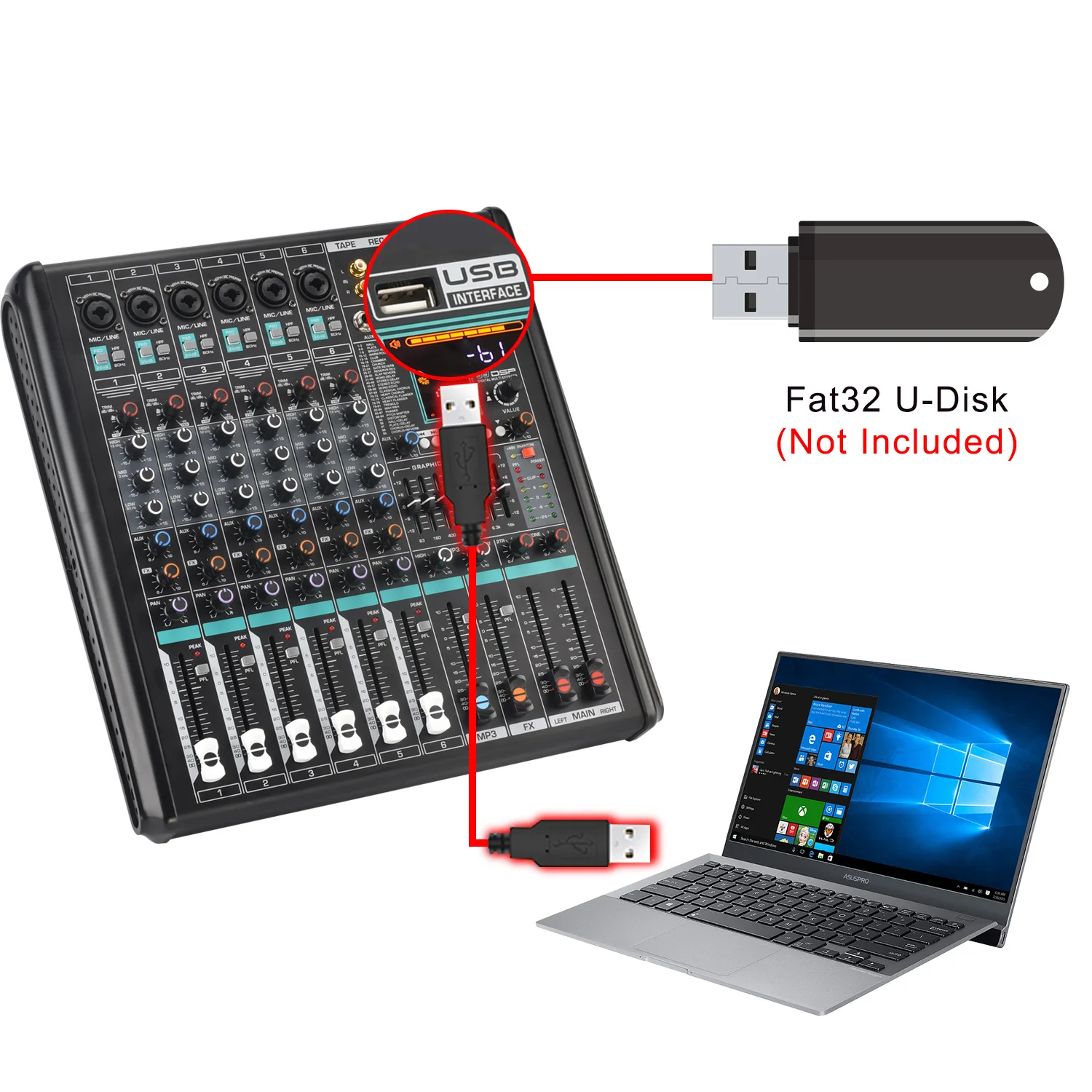 FREEBOSS 6 Mono Channel Mixing Console Monitor Low Cut 99 DSP Effect PAD Bluetooth Audio Sound Mixer 7 Band EQ USB Record AM-UT2